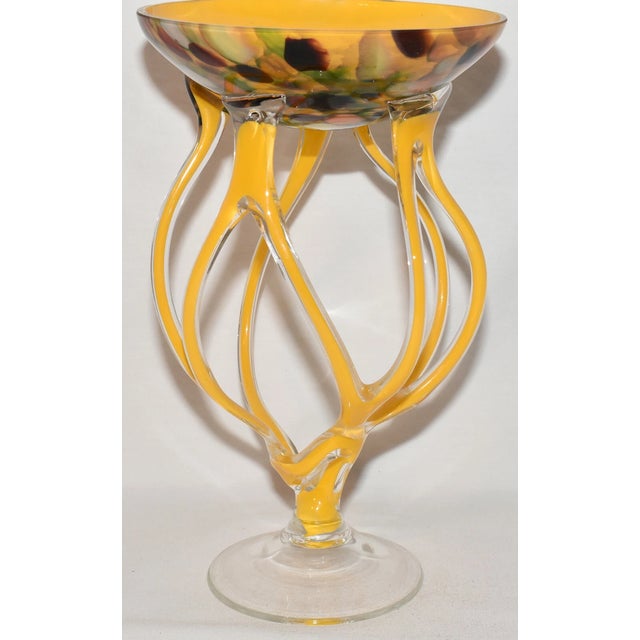 Vintage MCM Jozefina Krosno Hand Blown Jelly Fish Compote Yellow Cased Glass Bowl For Sale - Image 4 of 5
