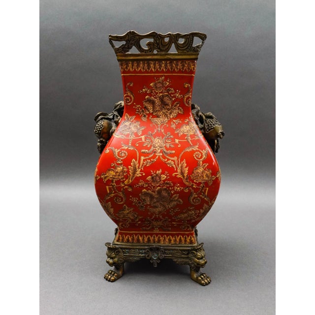 Mid 20th Century Mark Roberts Floral Porcelain & Bronze Footed Vase For Sale - Image 4 of 9