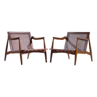 Lawrence Peabody for Richardson Nemschoff Mid Century Ebonized Walnut and Cane Lounge Chairs - Pair For Sale