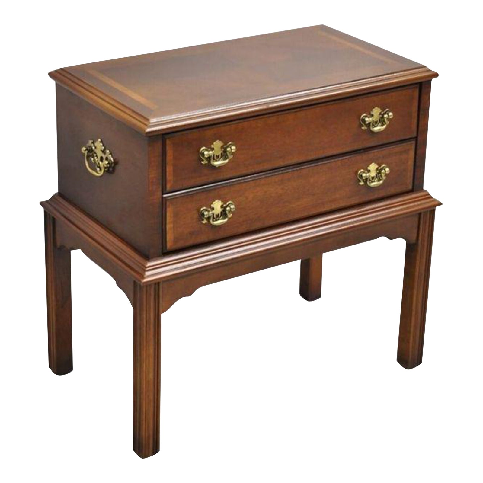Lane Chippendale Style Banded Mahogany Wood 2 Drawer Small Side Table ...
