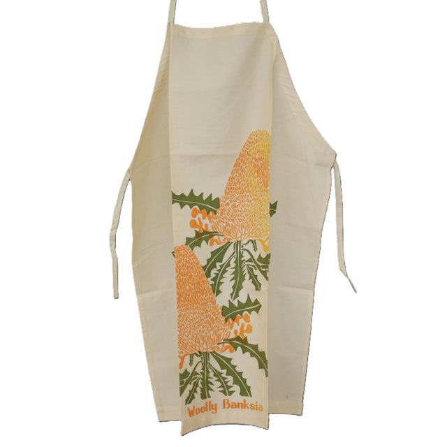 70s Mid-Century Boho Apron (Never Used) With Screen-Printed Thistle Motif in Warm Yellow and Olive Green For Sale - Image 11 of 11