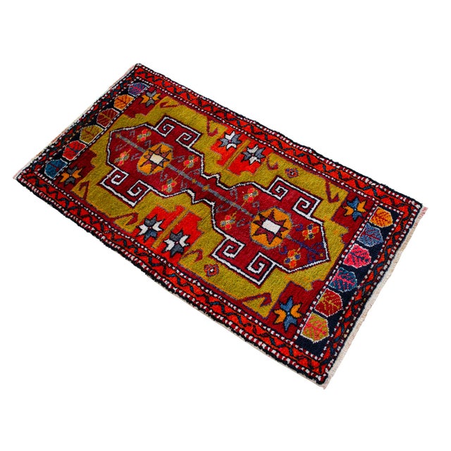 Front of Kitchen Sink Rug, Hand Made Bath Mat Colorful Turkish Rug - 1′12″ × 3′8″ For Sale - Image 6 of 14