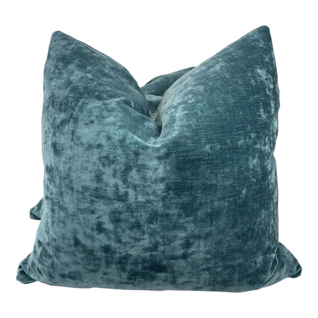 Aqua Linen Blend Velvet 22" Pillows- a Pair For Sale