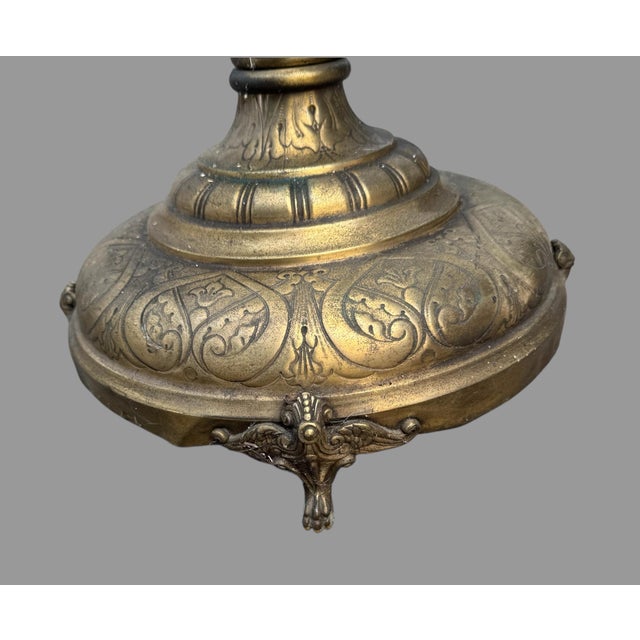 Early 20th Century Antique Victorian Cast Metal Floor Lamp With Round Onyx or Marble Shelf For Sale - Image 5 of 9