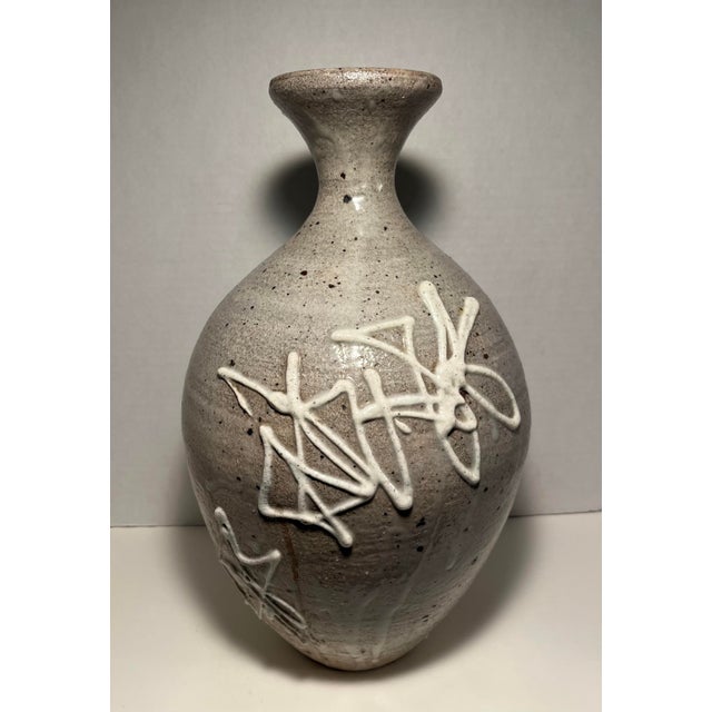 RARE Mid-Century Modern Studio Art Pottery Gray & White Decor Earthenware Vase Aprox. dimensions: 15.5"H x 9" diameter...