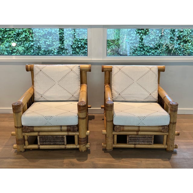 Mid-Century Modern 1970s Pair of large bamboo armchairs with Pierre Frey cushions For Sale - Image 3 of 12