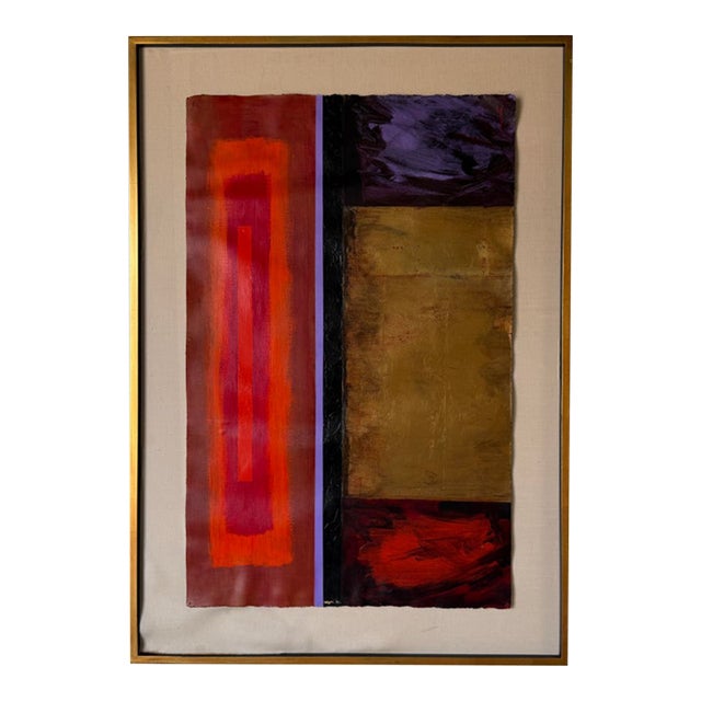 1980s Vintage Expressionist Geometric Abstract Acrylic on Paper Painting, Signed & Framed For Sale