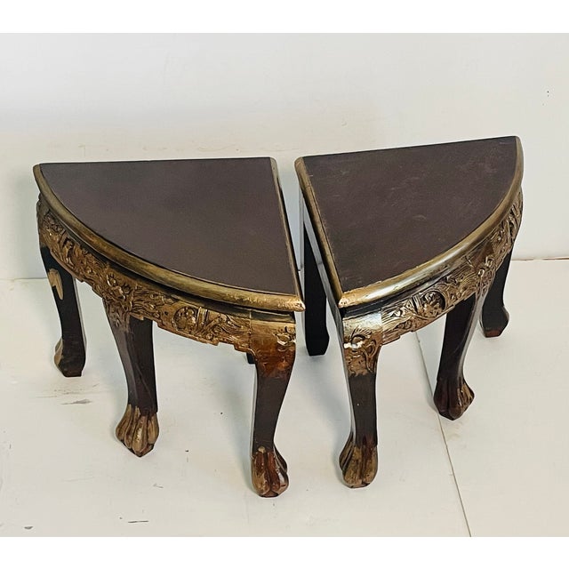 Pair of Chinese Chinoiserie triangular carved stools or plant stands.