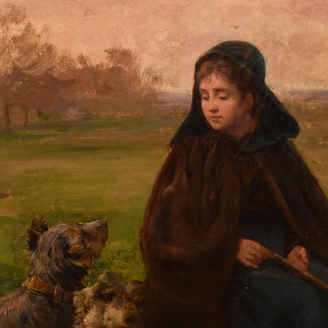 Charles Jean Auguste Escudier, Landscape with Shepherdess and Dog, 1895, Oil on Canvas, Framed For Sale - Image 4 of 11