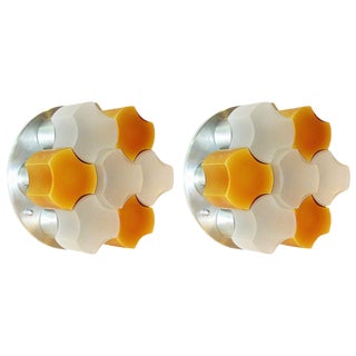 Martinelli Luce 1963 White and Orange Glass Wall or Flush Lights - a Pair For Sale