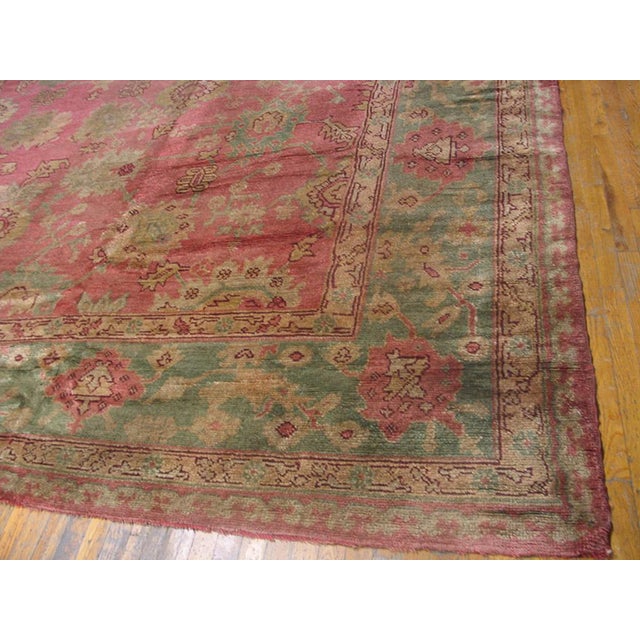 1930s Rose-Teal Green Large Scale Arts and Crafts Antique Turkish Oushak Rug 13'10" X 16'8" Handknotted Wool Carpet For Sale - Image 4 of 6