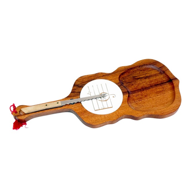 Mid-Century Wall-Hanging Wood & Ceramic Musical Charcuterie Tray With Knife For Sale
