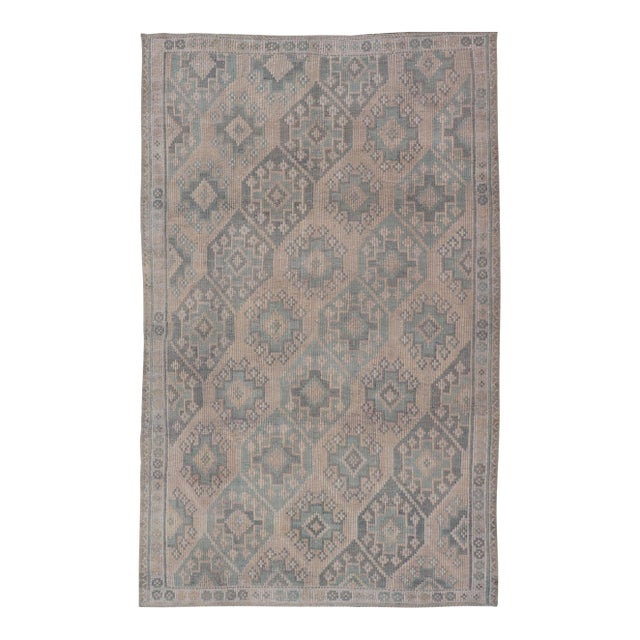 Vintage Turkish Kilim Rug Soft Teal and Beige Geometric Patterns 5'9 X 9'8 For Sale