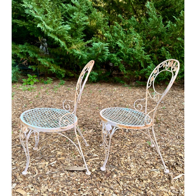 French Country Vintage Woodard Chantilly Rose Wrought Iron Patio Table & Chairs - 3 Pieces For Sale - Image 3 of 12