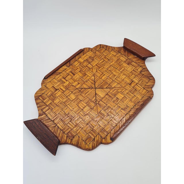 Mid-20th Century Wooden Tray with Geometric Inlay and Handles, 1950s For Sale - Image 6 of 9