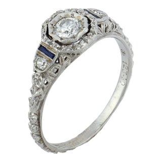 1930s Art Deco Diamond Sapphire 18k White Gold Engagement Ring, Size 7.25 For Sale