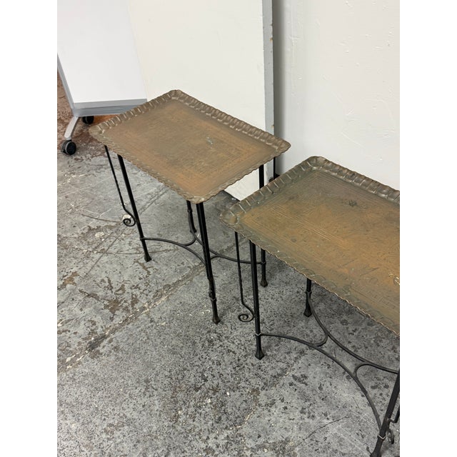 Brass Egyptian Vintage Brass Tray + Wrought Iron Side Tables, Pair For Sale - Image 8 of 12