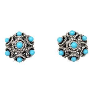 Vintage 1960s Signed Crown Trifari Silvertone Cabochon Faux-Turquoise Clip Earrings-2 Pieces