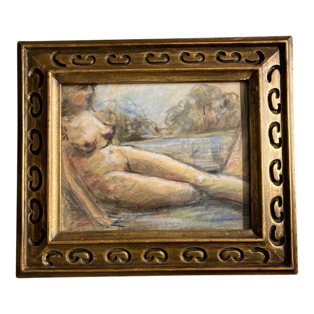 1970’s Original Female Nude in Landscape Pastel Drawing Vintage Gold Frame For Sale