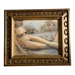1970’s Original Female Nude in Landscape Pastel Drawing Vintage Gold Frame