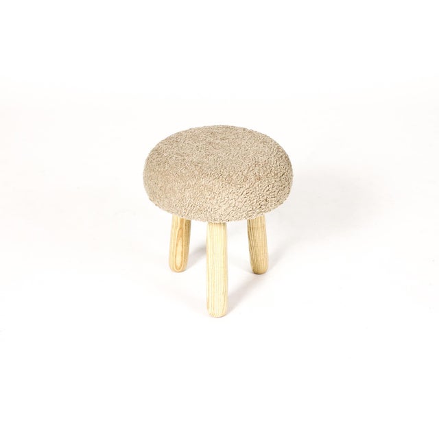 Mid-Century Modern Custom Awassi Tripod Ottoman Footstool — Turned Ash Legs — Camel Tan Bouclé For Sale - Image 3 of 5