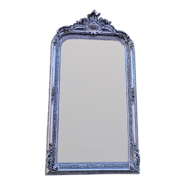1960s French Louis XVI Silver Wood Floor Mirror For Sale