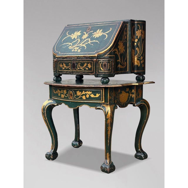 A Rare and Highly Decorative Early 18th-Century Painted Venetian Travelling Bureau on Original Table A rare and highly...