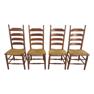 Boling Set of Four Solid Oak Rush Seat Lader Back Chairs For Sale