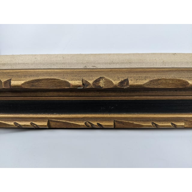 Mid 20th Century Large Vintage Carved Wood Picture Frame in Gold & Deep Blue With Cream Linen Liner For Sale - Image 5 of 15