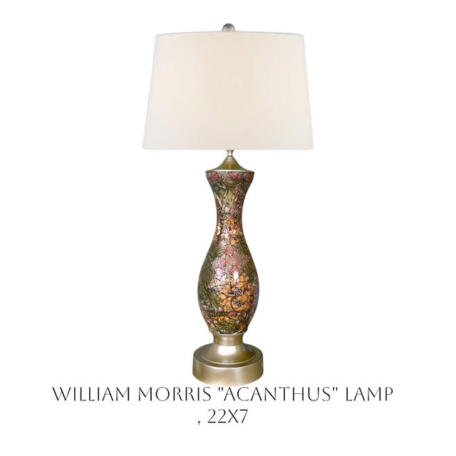 Vibrant William Morris "Acanthus" Pattern Table Lamp, finished in a gloss acrylic, gilded brass metal base and cap, ceramic.