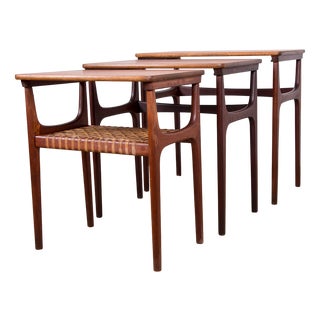 Danish Nesting Tables in Teak and Caning by Erling Torvits for Heltborg Mobler, 1960s, Set of 3 For Sale