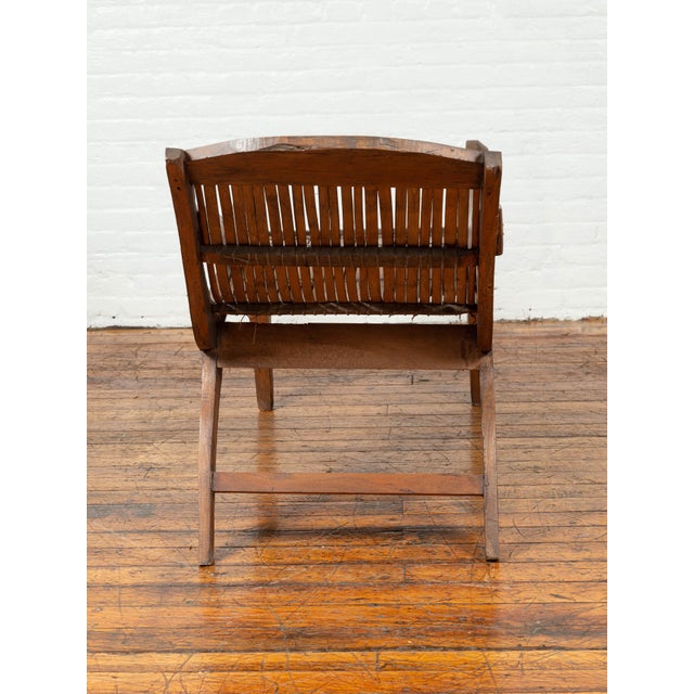 Antique Indonesian Reclining Plantation Chair with Bamboo Slats and Carved Décor For Sale - Image 9 of 10