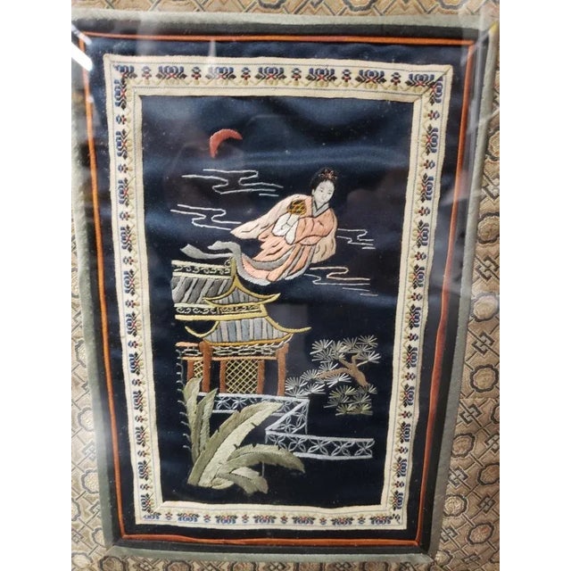 This Chinese Goddess Chang’e Flying to Moon, Framed Embroidered Silk measures 12 3/4" x 15 1/2" and the area inside the...