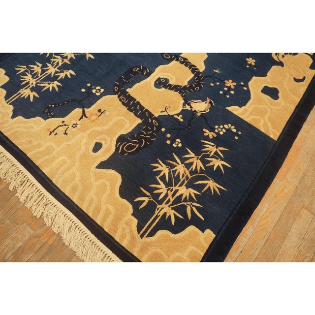 Textile 1920s Navy Blue Scene Pictorial Antique Chinese Peking Carpet Knotted Small Rug For Sale - Image 7 of 10