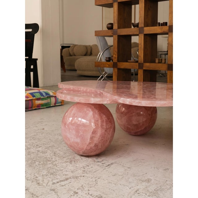 Rose Handcrafted Rose Quartz Organic Coffee Table With Sphere Legs | Sculptural Luxury Stone Table For Sale - Image 8 of 8