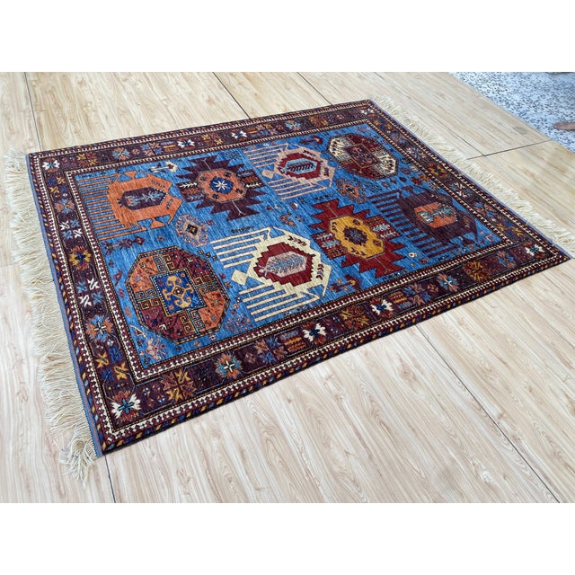 5x7 Ft. Blue Karachov Kazak Design Handknotted Wool Rug For Sale - Image 4 of 10