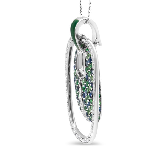 Contemporary .925 Sterling Silver Green Enamel Pendant with 1/2 Cttw Diamond, Sapphire, and Tsavorite Openwork Statement 18" Pendant Necklace For Sale - Image 3 of 5