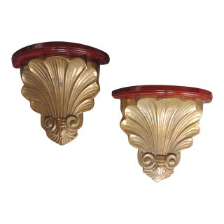 Brass and Lacquered Wood Plate Display Shelves - A Pair For Sale