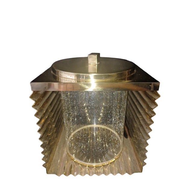 Vintage Firenze lidded Italian ice bucket made from brass and lucite. Firenze sticker still in place