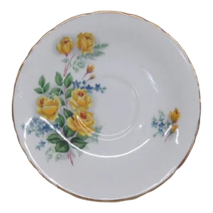 Delphine England Bone China White and Gold Floral Yellow Roses Saucer