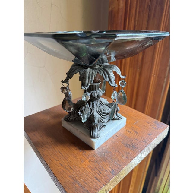 Glass 1950s Hollywood Regency Pedestal Centerpiece Bowl, Smoky Glass Ashtray With Marble Base For Sale - Image 7 of 15
