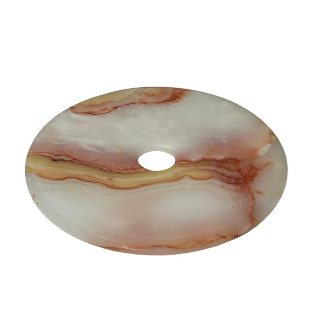 9.75" Natural White Brown Onyx Stone Round Fengshui Home Decor Display For Sale - Image 13 of 16