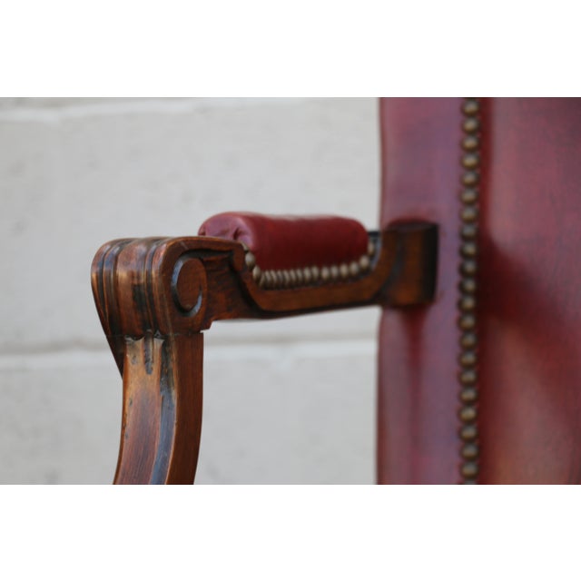 Pair of Vintage English Regency Style Leather Armchairs | Carved Wood Frame, Nailhead Trim For Sale - Image 14 of 18