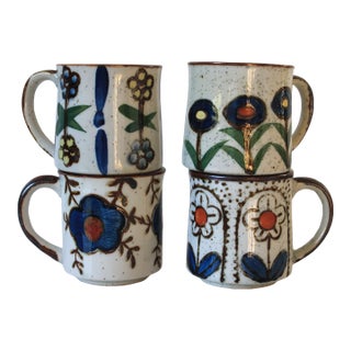 Vintage Mid-Century Speckled Cream Stoneware Coffee Mugs S/4 For Sale