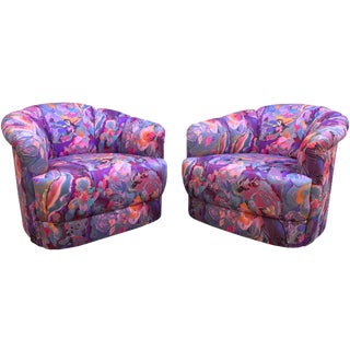 Milo Baughman Abstract Silkscreened Swivel Chairs - A Pair For Sale