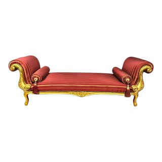 Regency Style Carved Giltwood Daybed in Red Striped Upholstery For Sale