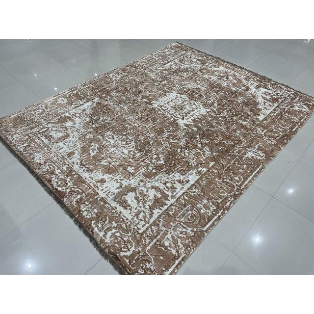 Contemporary 7x9 Ivory Hand-Knotted Wool Distressed Floral Modernist Design Modern Carpet Rug For Sale - Image 3 of 6