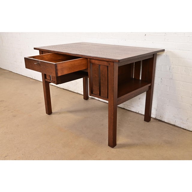 L. & J. G. Stickley Antique Mission Oak Arts & Crafts Desk With Built-in Bookcases, Newly Refinished For Sale In South Bend - Image 6 of 13
