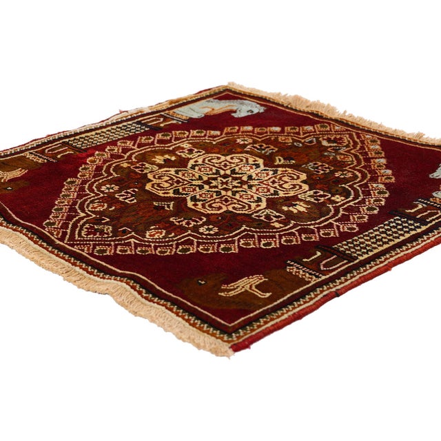 79414 Vintage Persian Shiraz Rug, 02'00 x 02'02. The Crimson Cavalier Emblem: A Vintage Shiraz Masterpiece of Noble Tribal...