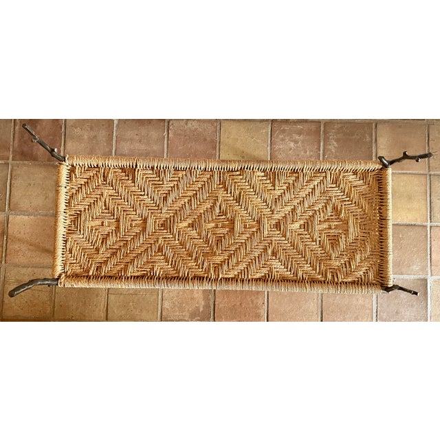 Vintage 1980’s Organic Modern Geometric Woven Rope Bench, Hand Crafted Bronze Tone Twig Legs/Stretchers Accented With Gold, Nod to Audoux-Minet For Sale In San Antonio - Image 6 of 12